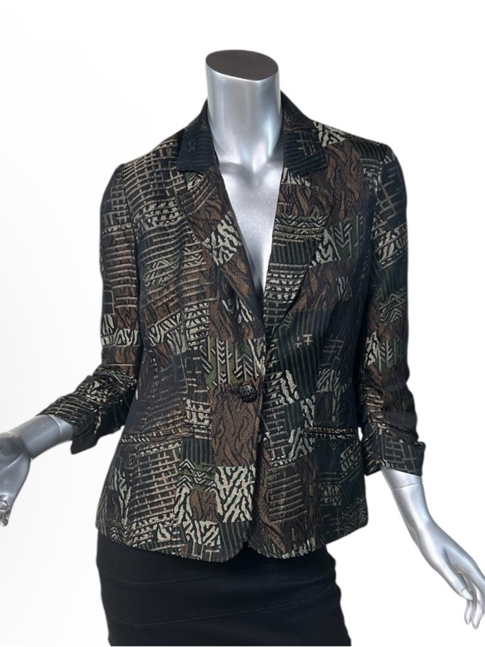 Chico's 0 Women’s Size Small Jacquard Single Button Blazer Ruched Sleeve Lined